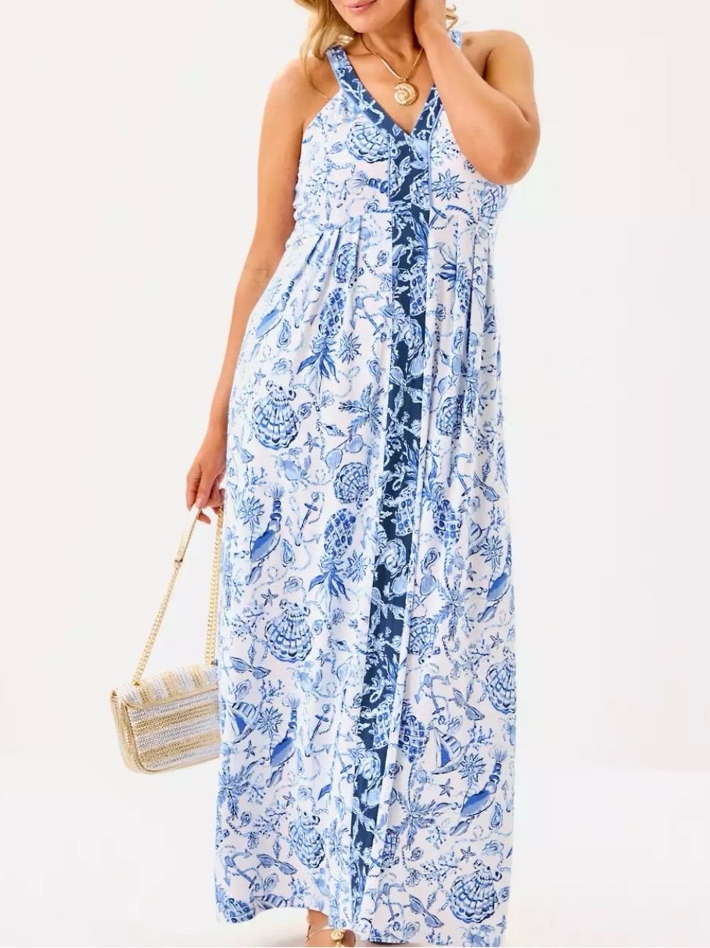 NWT 🩵 Lilly Pulitz Blue & White Printed Halter Maxi Dress - Women's Size 12